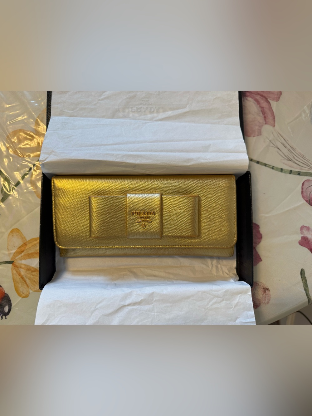 Prada Gold Saffiano Bow-Accent Wallet